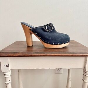Blue Suede Clog Wood Heel Steve Madden buckle vintage 70 y2k mule